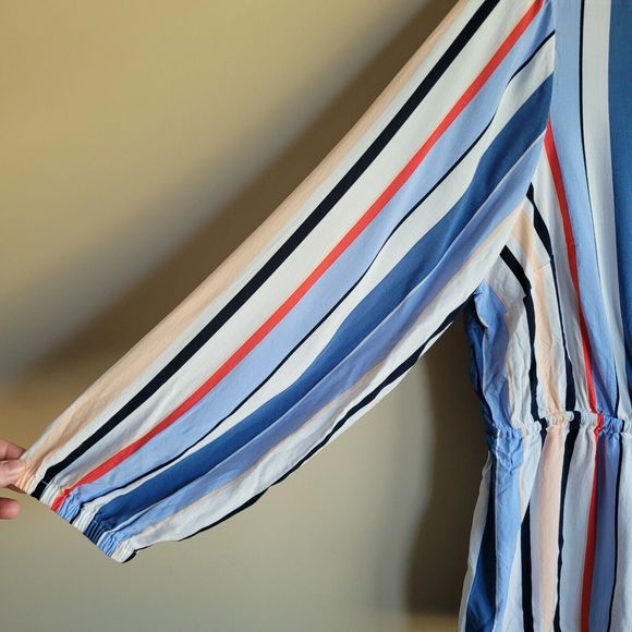 Lane Bryant Womens Blouse Size 16 Blue Stripes V Neck Popover Drawstring Waist - Picture 4 of 8